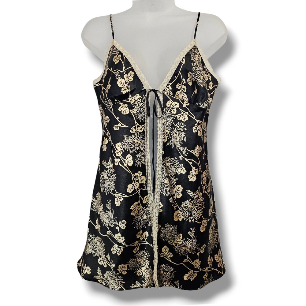 Victoria's Secret Chemises Slip‎ Dress M Black Gold Tie Front Floral Lace Satin